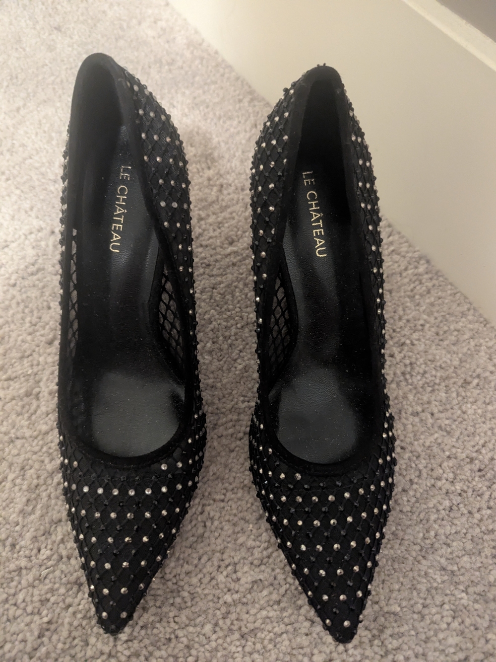 le chateau Black Studded Mesh Pointed Pumps